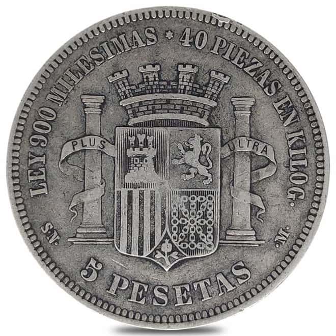 1870 Spain 5 Pesetas Silver Coin Avg Circ ASW 0.7234 oz