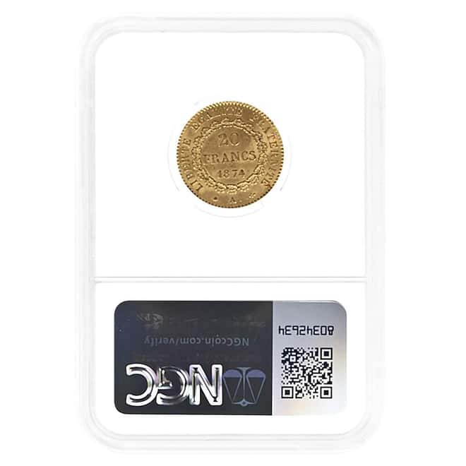 1874-A France 20 Francs Lucky Angel Gold Coin NGC MS 62 Mint Error Obverse Die Break
