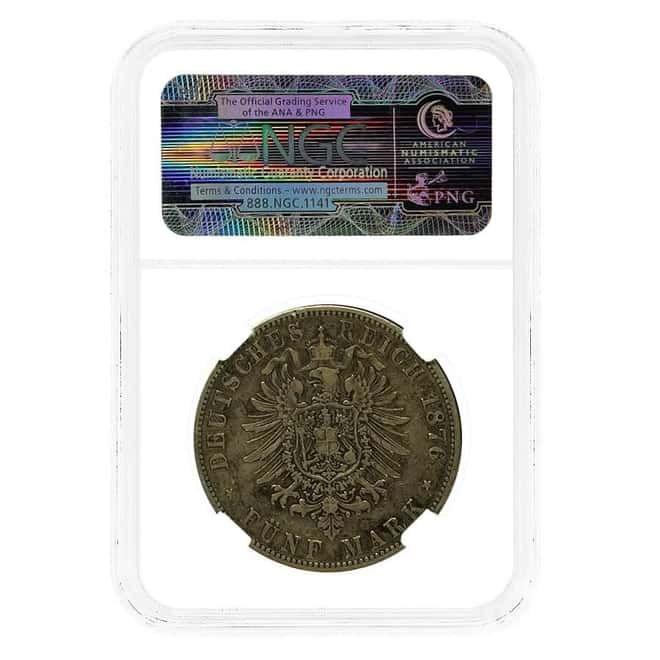 1876 J Germany 5 Marks Hamburg Silver Coin NGC VF 30