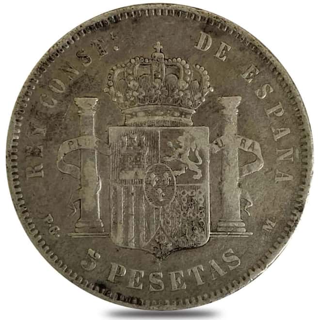 1888-1892 Spain 5 Pesetas Alfonso XIII Silver Coin Circ ASW .7234 oz (Random Year)