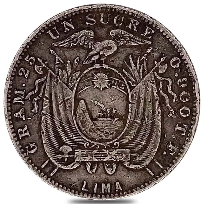 1890-1897 Ecuador 1 Sucre Silver Coin Avg Circ ASW .7234 oz (Random Year)