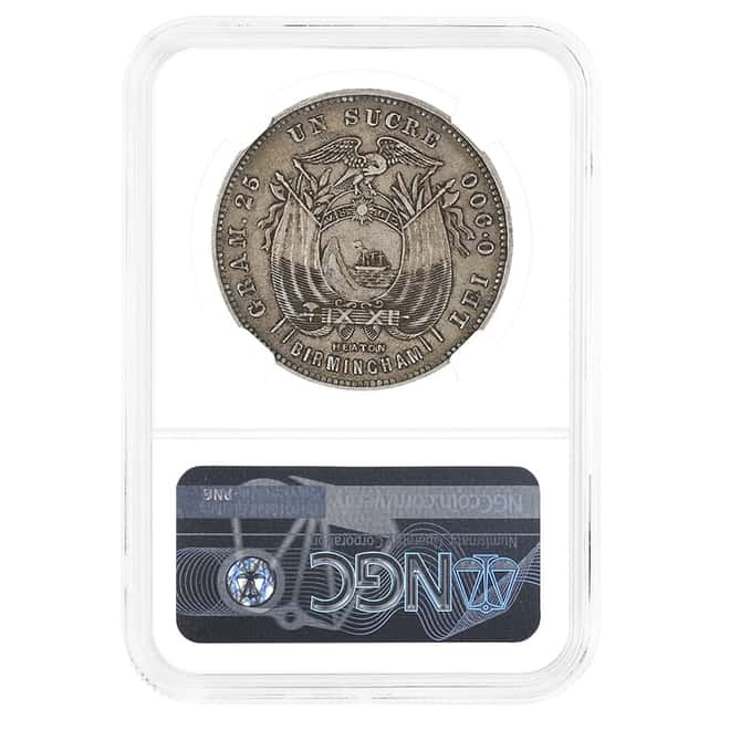 1890 Ecuador 1 Sucre Heaton Birmingham Silver Coin NGC VF 35