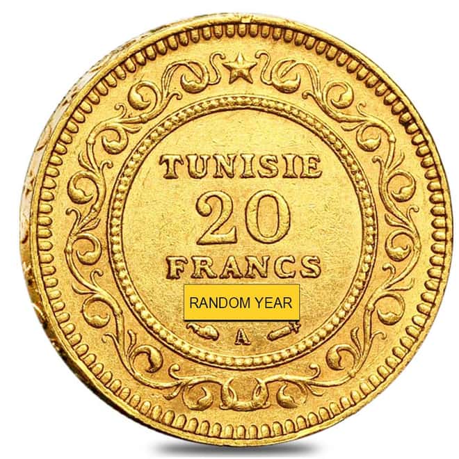 Tunisia Gold 20 Francs Avg Circ AGW .1867 (Random Year,1891-1904)