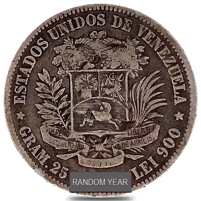 1900-1936 Venezuela 5 Bolivares Silver Coin Avg Circ ASW .7234 oz (Random Year)