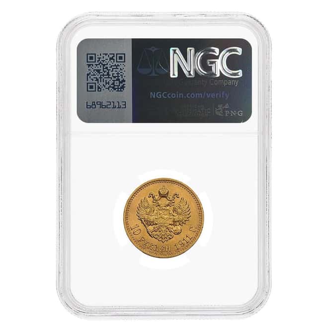 1911 EB Russia 10 Roubles Nicholas II Gold Coin NGC MS 63