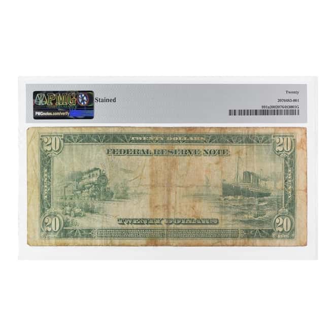 1914 $20 Federal Reserve Currency Note Chicago PMG VF 20 (Stained)