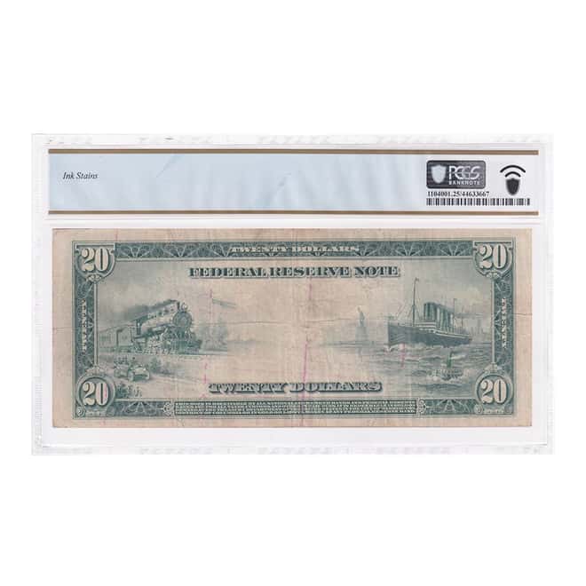1914 $20 Federal Reserve Currency Note Philadelphia PCGS VF 25 (Ink Stains)