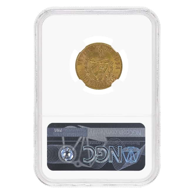 1916 5 Pesos Jose Marti Gold Coin NGC MS 62