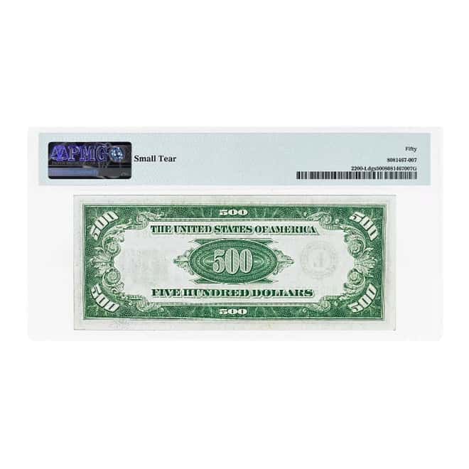 1928 $500 Federal Reserve Currency Note San Francisco PMG AU 50 (Small Tear)
