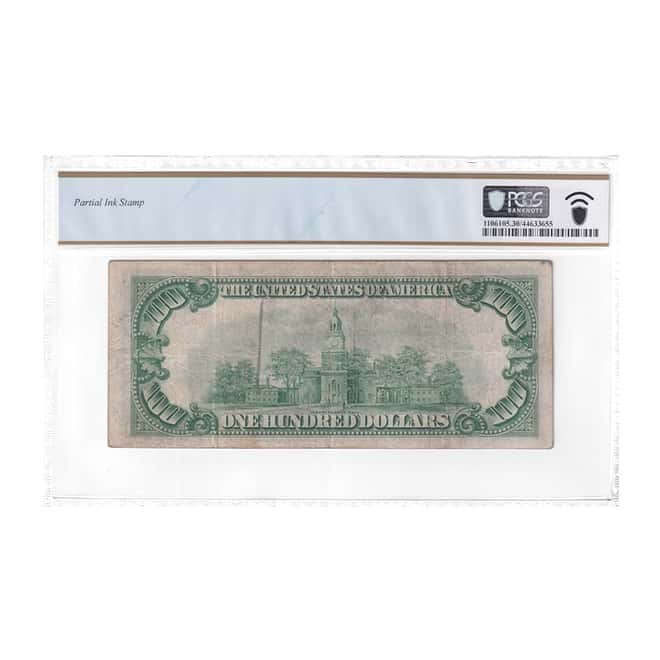 1929 $100 Federal Reserve Currency Note New York PCGS VF 30 (Partial Ink Stamp)