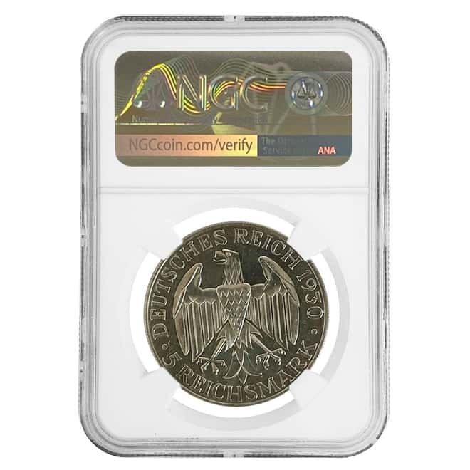 1930 A Germany Weimar Republic Graf Zeppelin 5 Mark Proof Silver Coin NGC PF 61