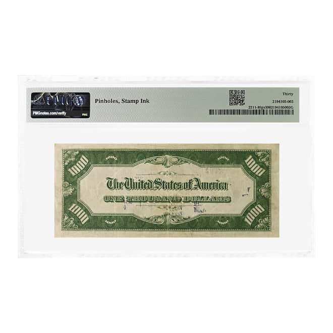 1934 $1000 Federal Reserve Currency Note New York PMG VF 30 (Pinholes, Stamp Ink)