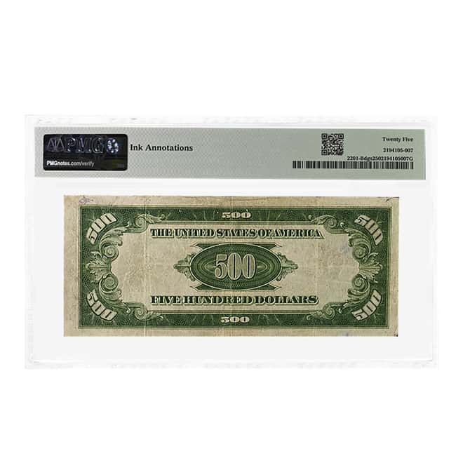 1934 $500 Federal Reserve Currency Note New York PMG VF 25 (Ink Annotations)