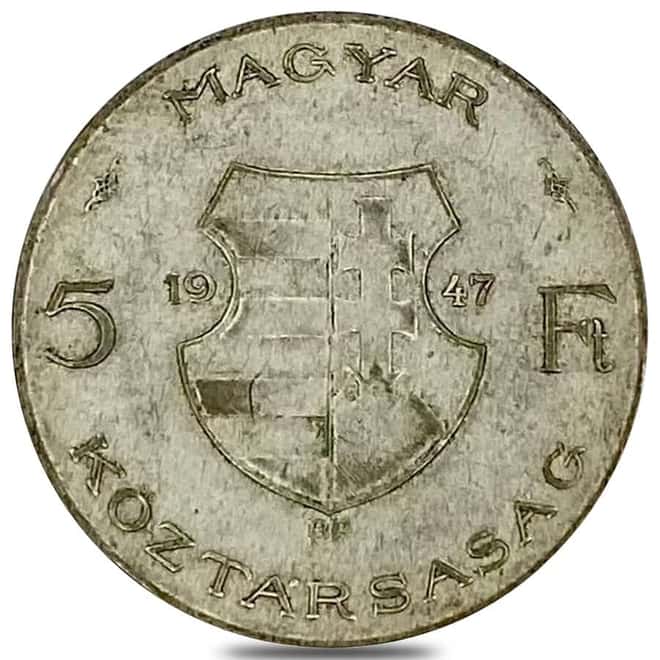 1947 Hungary 5 Forint Lajos Kossuth Silver Coin Avg Circ ASW .1929 oz