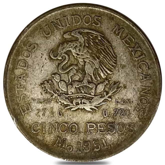 1951-1954 Mexico 5 Pesos Silver Coin Hidalgo Avg Circ ASW 0.643 oz
