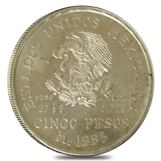 1953 Mexico 5 Pesos Silver Coin Hidalgo Bicentennial Avg Circ ASW 0.643 oz
