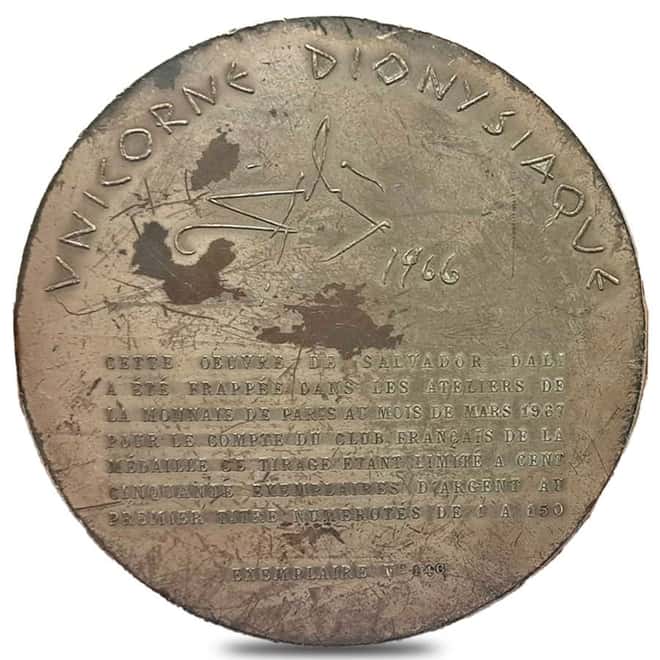1966 9.52 oz France Salvador Dali Dionysian Unicorn Silver Medal