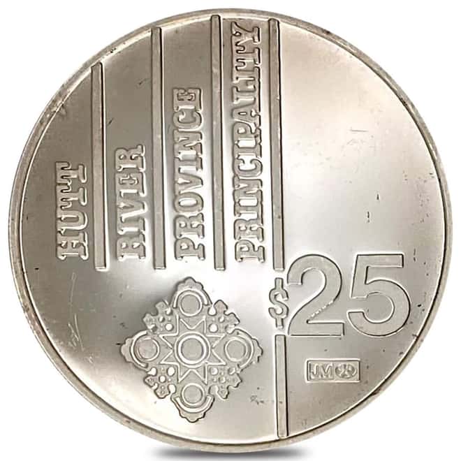 1985 1 oz Johnson Matthey Hutt River Reagan $25 Proof Silver Coin .999 Fine
