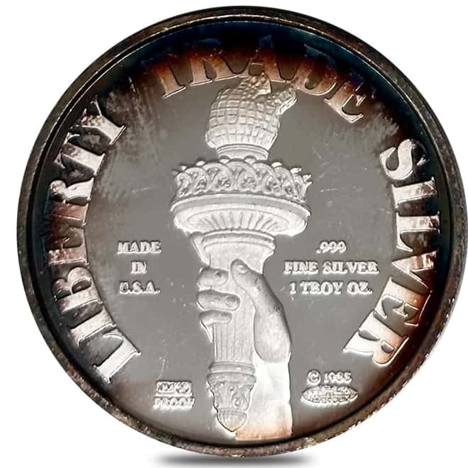 1985 1 oz Johnson Matthey MTB Liberty Trade Proof Silver Round .999 Fine