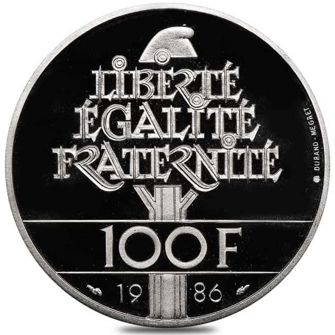 1986 France 100 Francs Statue of Liberty Proof Platinum Coin