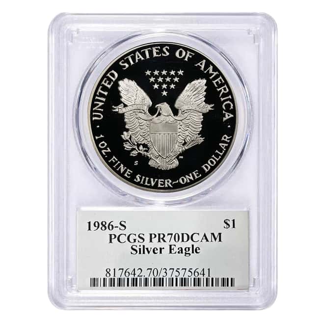 1986 S 1 oz Proof Silver American Eagle PCGS PF 70 Mercanti Sign