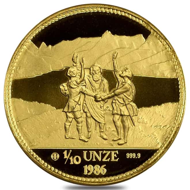 1986 Switzerland 1/10 oz Unze Helvetia Eternal Pact Gold Round