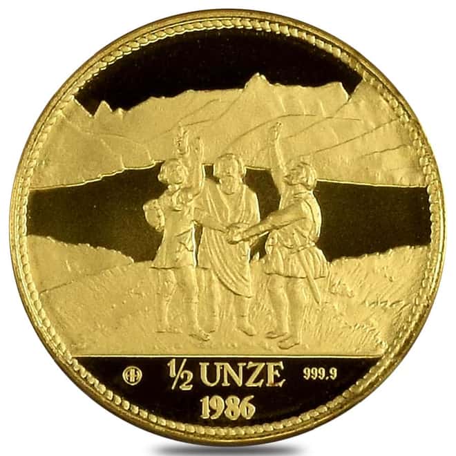 1986 Switzerland 1/2 oz Unze Helvetia Eternal Pact Gold Round