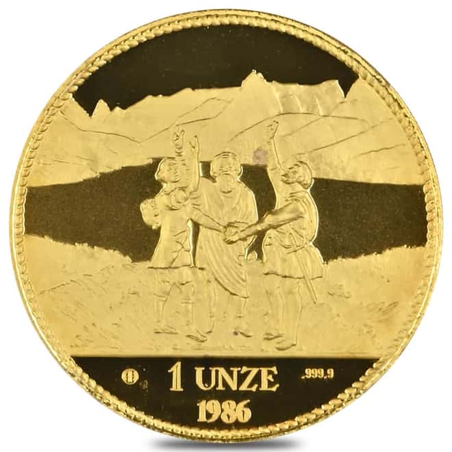 1986 Switzerland 1 oz Unze Helvetia Eternal Pact Gold Round