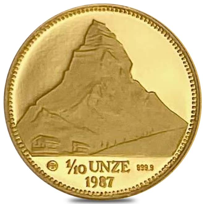 1987 Switzerland 1/10 oz Unze Helvetia Matterhorn Gold Round .9999 Fine