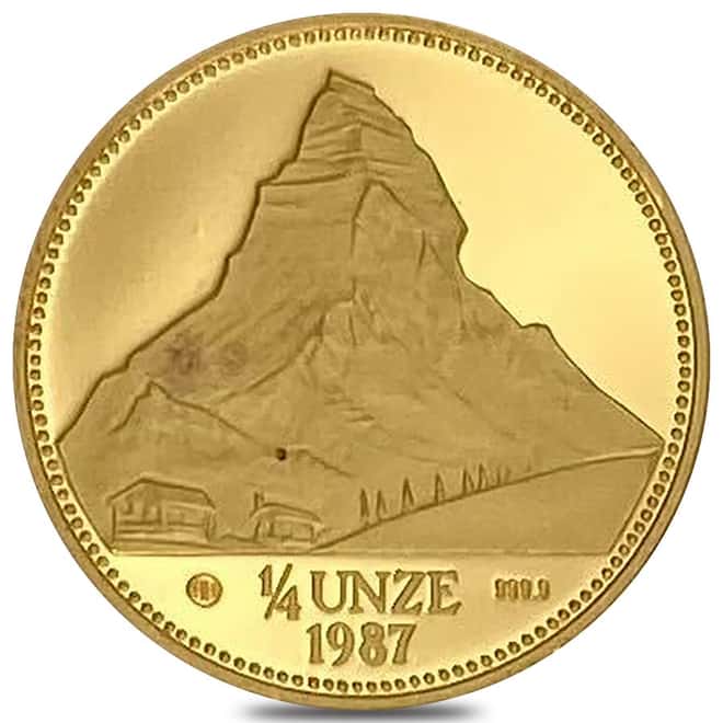 1987 Switzerland 1/4 oz Unze Helvetia Matterhorn Gold Round .9999 Fine