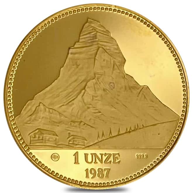 1987 Switzerland 1 oz Unze Helvetia Matterhorn Gold Round .9999 Fine