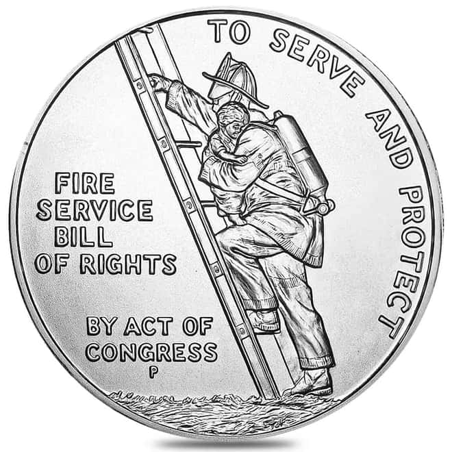 1992-P 1 oz Ben Franklin Firefighters Silver Medal Commem BU