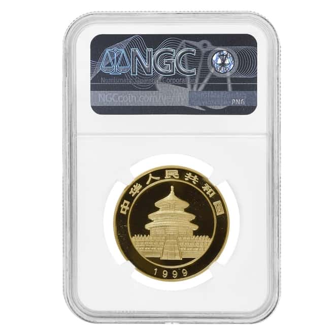 1999 1 oz Chinese Gold Panda 100 Yuan Large Date Plain 1 NGC MS 68