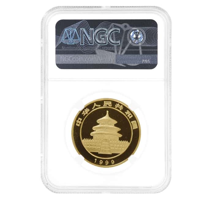1999 1 oz Chinese Gold Panda 100 Yuan Large Date Plain 1 NGC MS 69