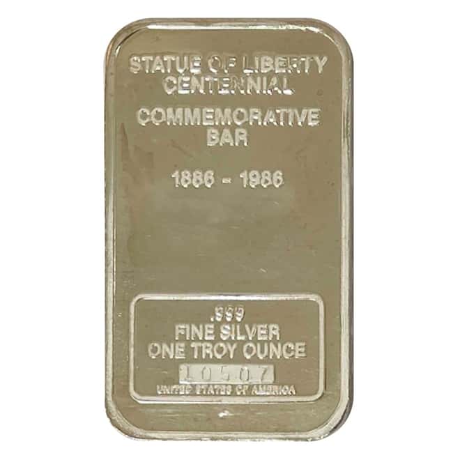 1986 1 oz Silver Statue of Liberty Centennial Bar .999 Fine