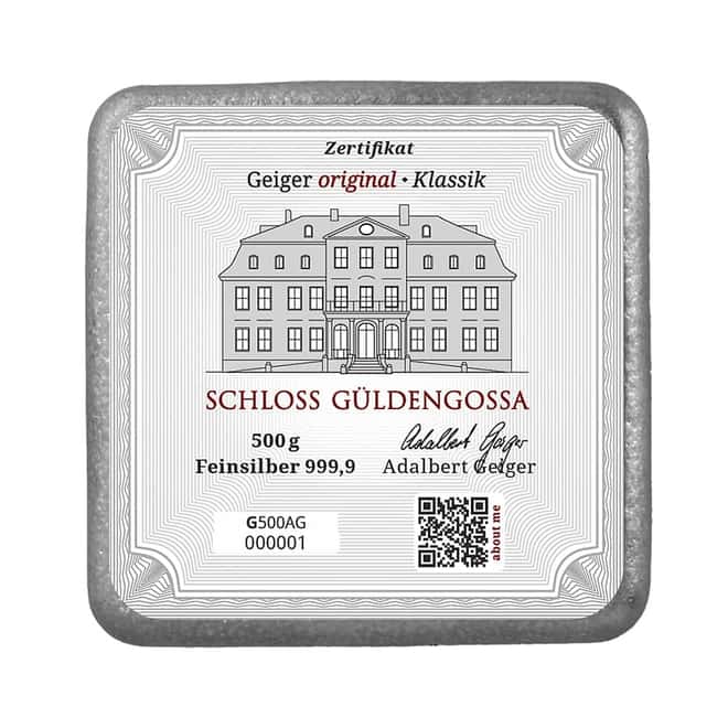 1/2 kilo Geiger Original Cast Silver Bar .9999 Fine (500 gram)