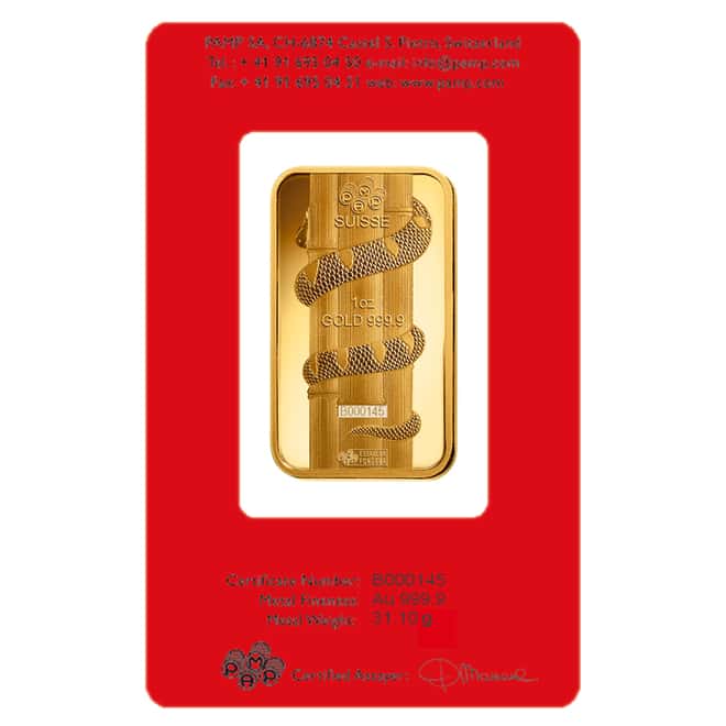 Box of 25 - 1 oz PAMP Suisse Year of the Snake Gold Bar (In Assay)