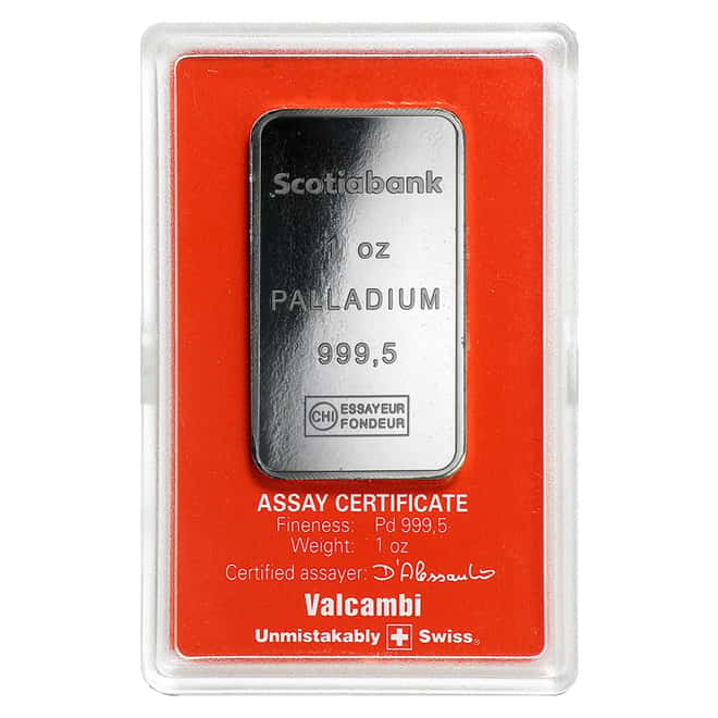 1 oz Palladium Bar - Scotiabank Valcambi Suisse .9995 Fine (In Assay)