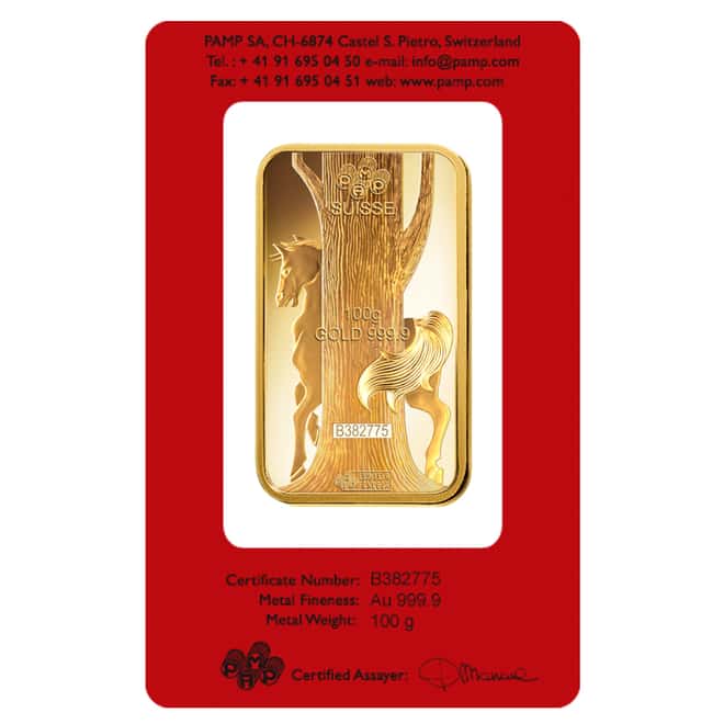 100 gram PAMP Suisse Year of the Horse Gold Bar (In Assay)
