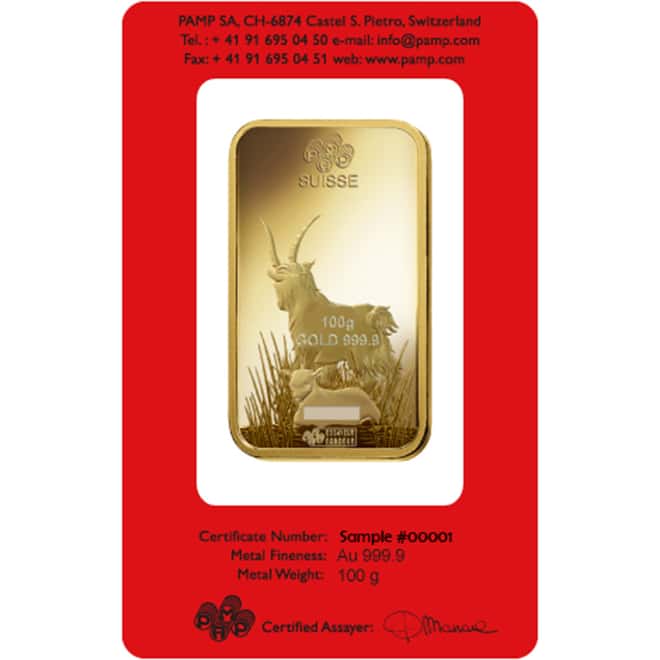100 gram PAMP Suisse Year of the Goat Gold Bar (In Assay)