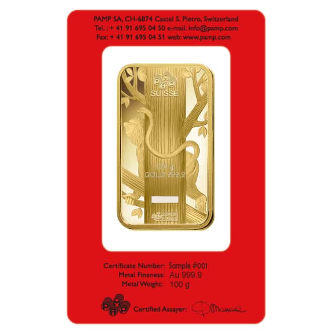 100 gram PAMP Suisse Year of the Monkey Gold Bar (In Assay)