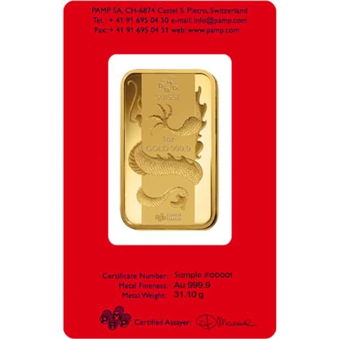 Box of 25 - 1 oz PAMP Suisse Year of the Dragon Gold Bar (In Assay)