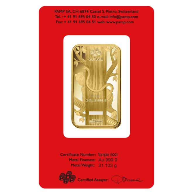 Box of 25 - 1 oz PAMP Suisse Year of the Monkey Gold Bar (In Assay) 
