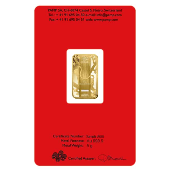 Box of 25 - 5 gram PAMP Suisse Year of the Monkey Gold Bar (In Assay)