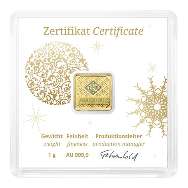 1 gram Geiger Christmas Original Square Gold Bar (In Assay)