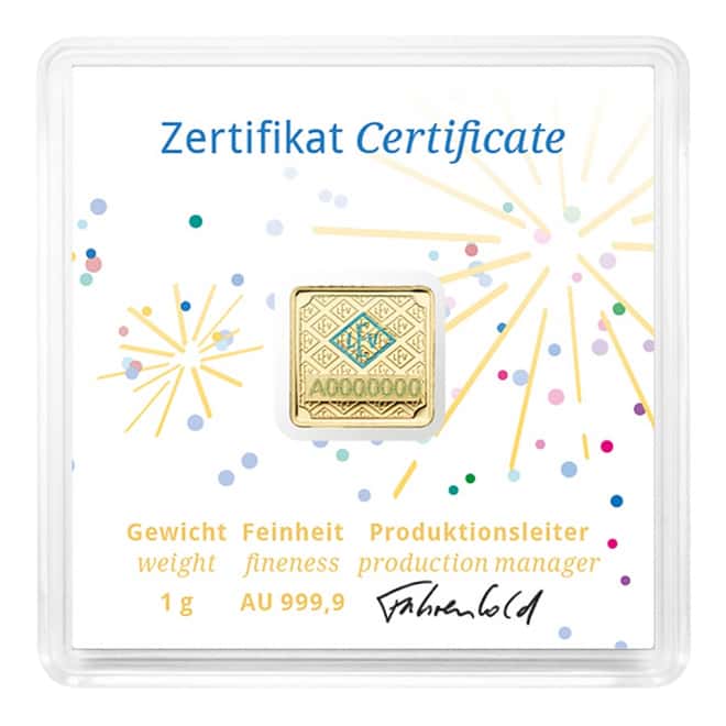 1 gram Geiger Congratulations Original Square Gold Bar (In Assay)