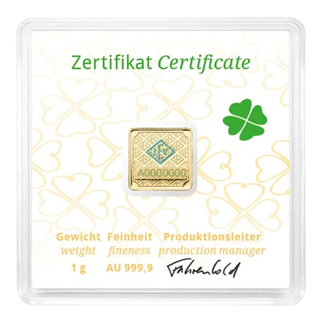 1 gram Geiger Good Luck Original Square Gold Bar (In Assay)