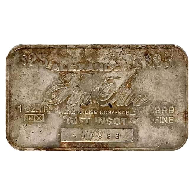 1 oz Johnson Matthey Alexander's Silver Vintage Bar .999 Fine ($25 Gift Ingot)