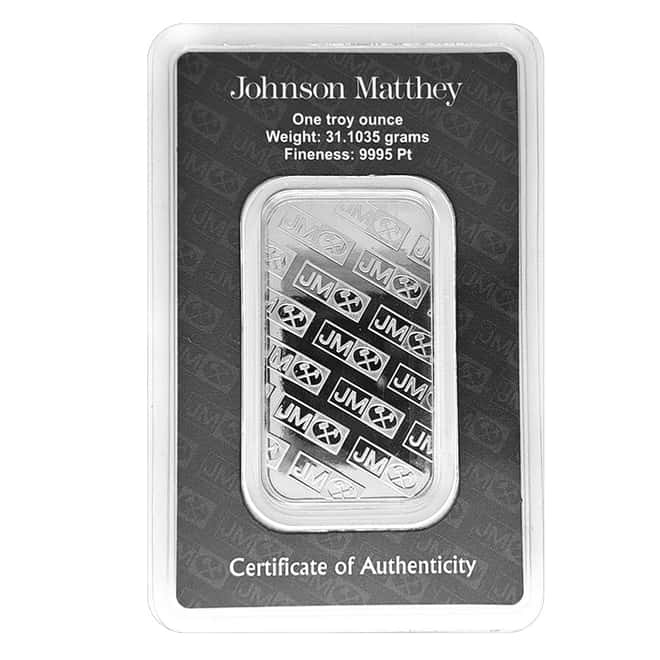1 oz Johnson Matthey (JM) Platinum Bar .9995 Fine (In Assay)