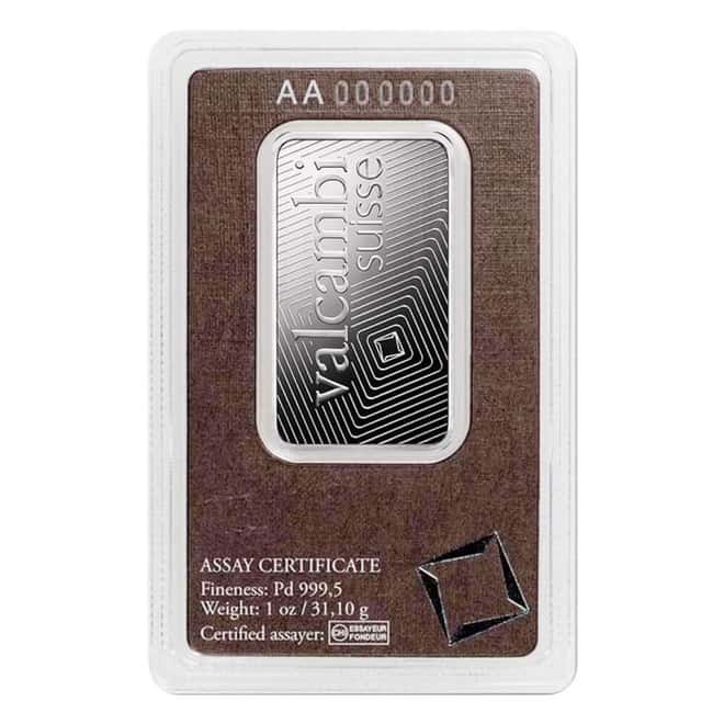 1 oz Palladium Bar Valcambi Suisse .9995 Fine (in Assay)